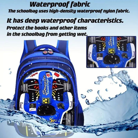 Kids Racing Car Nylon Backpack | Lightweight School Bag for Boys & Girls | Durable Travel & Casual Backpack (Blue)